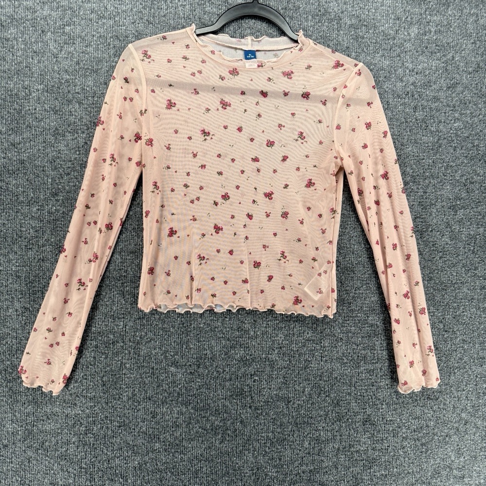 Y2K Top Junior XL Pink Floral Mech Sheer Mock Neck Crop Fitted Retro 90s Casual